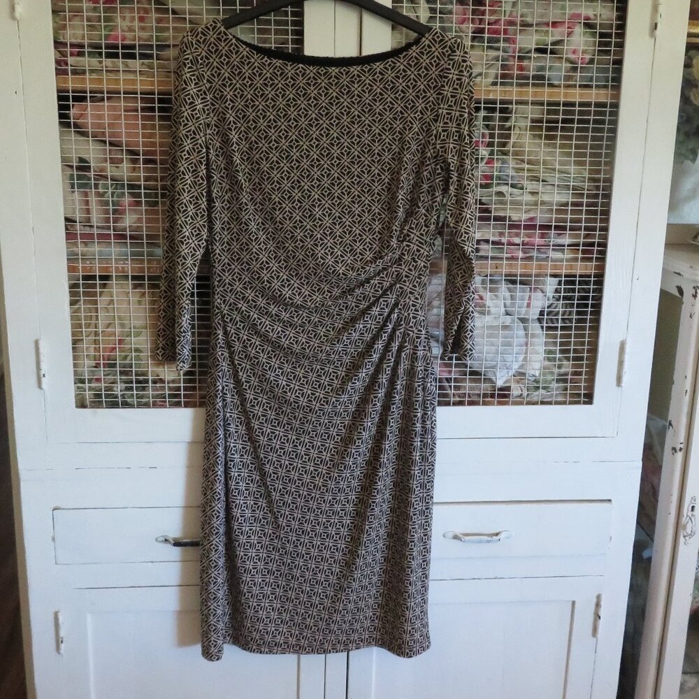 Cream & Brown Ralph Lauren Sheath Dress Side Cinched Stretchy Dress 10 DateNight